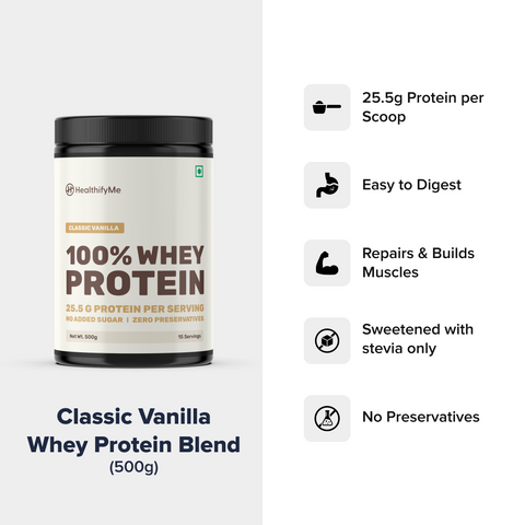 Healthify 100% Whey Protein -Classic Vanilla - 25.5 g Protein, 5.6 g BCAA -  No Added Sugar, Zero Preservatives, Isolate as Primary Source - HealthifyStore