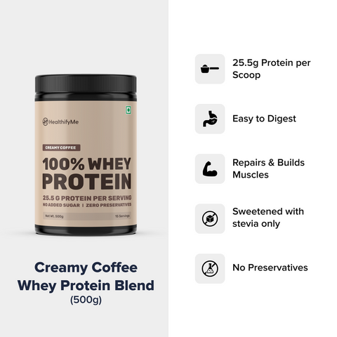 Healthify 100% Whey Protein - Creamy Coffee - 25.5 g Protein, 5.6 g BCAA -  No Added Sugar, Zero Preservatives, Isolate as Primary Source - HealthifyStore