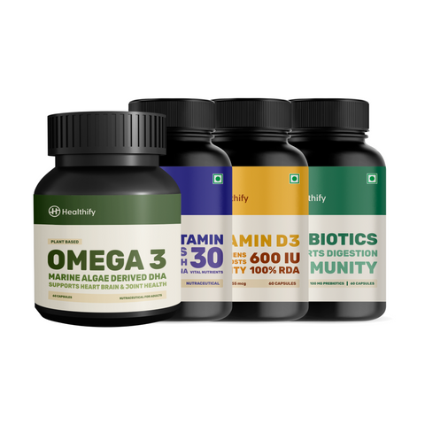 Supplement Starter Kit: Multivitamin + Probiotics + Vitamin D3 + Omega-3 – Complete Support for Immunity, Gut, Bone, & Brain Health - HealthifyStore