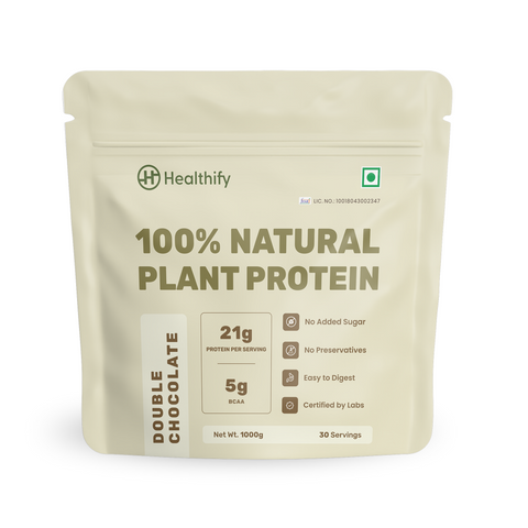 Healthify 100% Natural Vegan Plant Protein Powder, Double Chocolate, Easy to Digest with 21g Plant Based Protein - Gluten Free, Dairy Free, No Added Sugar