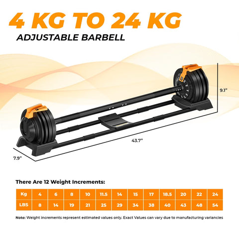 Flexnest 2in1 Adjustable Barbell Dumbbells with 4 Pairs Weight Plates 4kgs - 24kgs Weight Lifting Bar