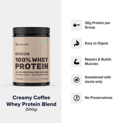 Healthify 100% Whey Protein - Creamy Coffee - 25.5 g Protein, 5.6 g BCAA -  No Added Sugar, Zero Preservatives, Isolate as Primary Source