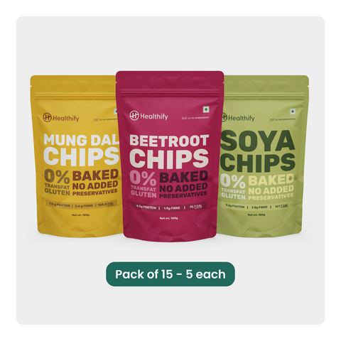 Mini Chips Kit: 15-Pack Assortment of Soya, Beetroot, and Mung Dal Chips - HealthifyStore