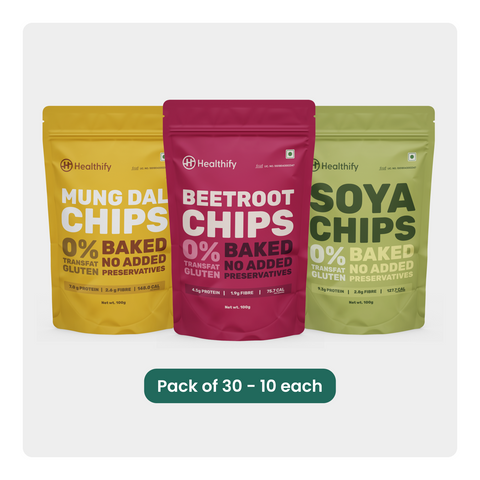 Budget Bites : 30-Pack Assortment of Soya, Beetroot, and Mung Dal Chips - HealthifyStore