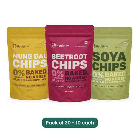 Budget Bites : 30-Pack Assortment of Soya, Beetroot, and Mung Dal Chips