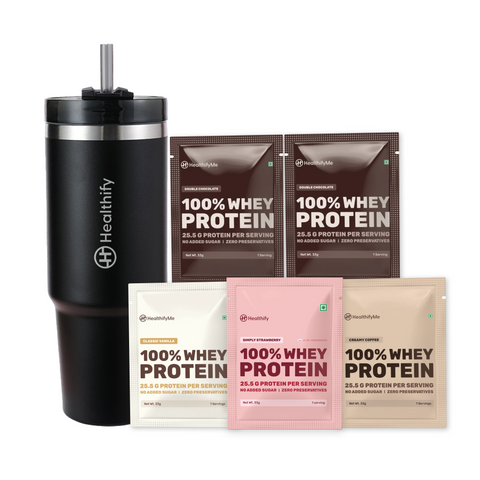Healthify Healthy Hamper - Kit of On-the-Go Whey Protein Travel Packs (5 units) & Healthify Tumbler Cup