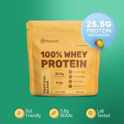 Healthify 100% Whey Protein -Mango , 25.5 g Protein, 5.6 g BCAA -  No Added Sugar, Zero Preservatives, Isolate as Primary Source