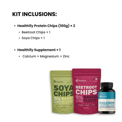 Healthify Premium Kit Combo – Soya Chips, Beetroot Chips & Calcium+ Supplement Worth