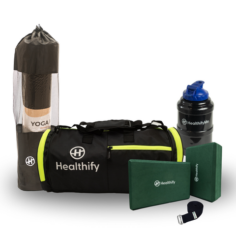 Healthify Premium Yoga Kit - Kit of Premium Yoga Mat, Gym Bag, Yoga Blocks & Belt Set, and Gallon Bottle