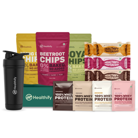 Healthify Pro-Fit Combo Kit - Includes 1 Metal Protein Shaker, 4 Whey Protein Travel Packs, 6 Protein Bars & 3 packs of Chips