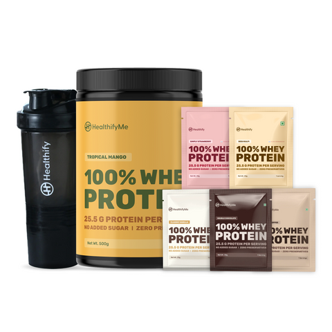 Healthify Protein Starter Kit - Kit of Whey Protein (500g), 5 x Whey Protein Single Serve Sachets & a Protein Shaker