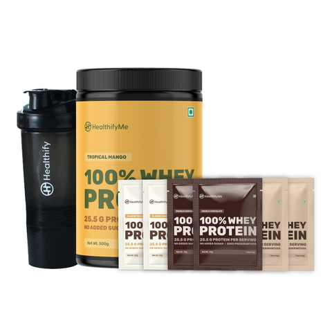 Healthify Protein Starter Kit – Kit of Whey Protein Mango (500g), 6 x Whey Protein Single-Serve Sachets & a Protein Shaker