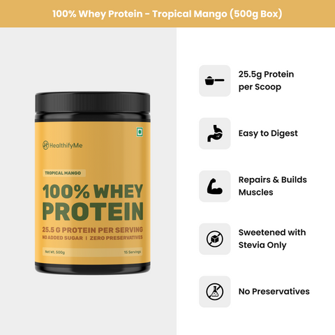 Healthify Protein Starter Kit – Kit of Whey Protein Mango (500g), 6 x Whey Protein Single-Serve Sachets & a Protein Shaker