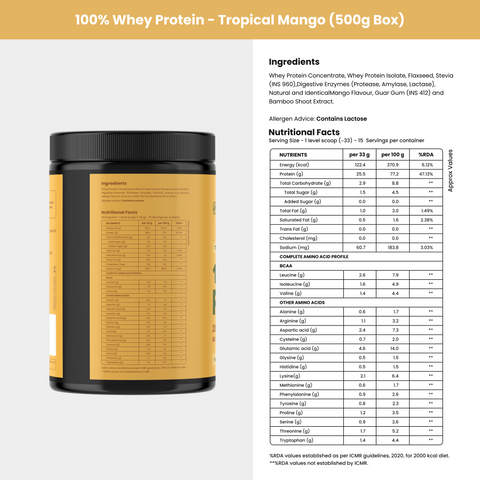 Healthify Protein Starter Kit – Kit of Whey Protein Mango (500g), 6 x Whey Protein Single-Serve Sachets & a Protein Shaker