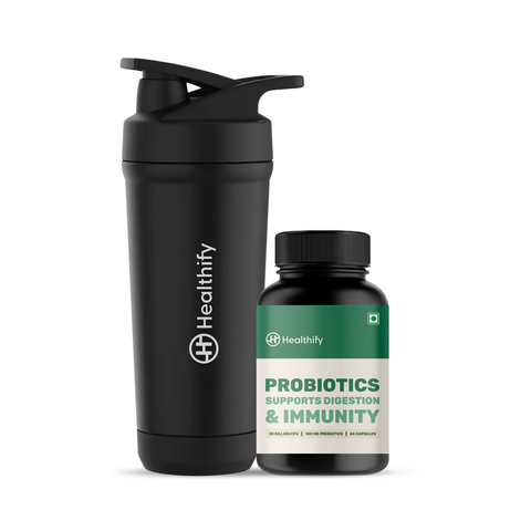 Nutrition Starter Kit – Steel Protein Shaker & Probiotics Capsules Supplement