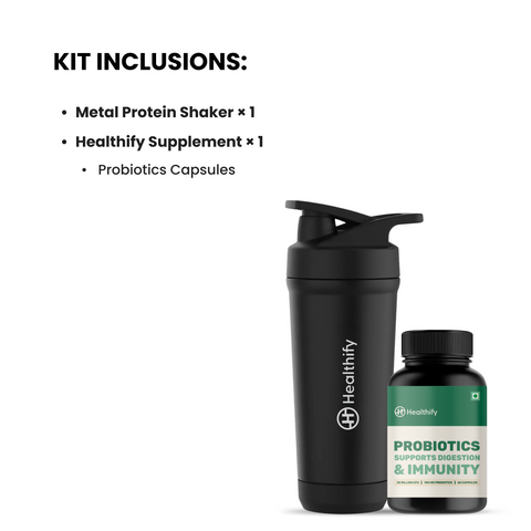 Nutrition Starter Kit – Steel Protein Shaker & Probiotics Capsules Supplement