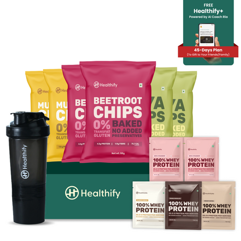 Healthify SnackFit Kit - Kit of Healthify+ Plan Gift Card, 5 x Whey Protein Single Serve Sachets (33g), 6 x Healthy Baked Chips(55g) & Protein Shaker