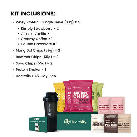 Healthify SnackFit Kit - Kit of Healthify+ Plan Gift Card, 5 x Whey Protein Single Serve Sachets (33g), 6 x Healthy Baked Chips(55g) & Protein Shaker