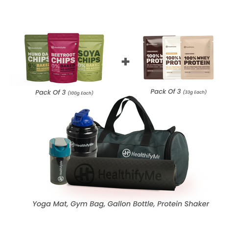 Healthify Starter Kit - Kit of Yoga Mat, Gallon Bottle, Gym Bag, Protein Shaker, 3 x Whey Protein Samplers & 3 x Assorted Chips