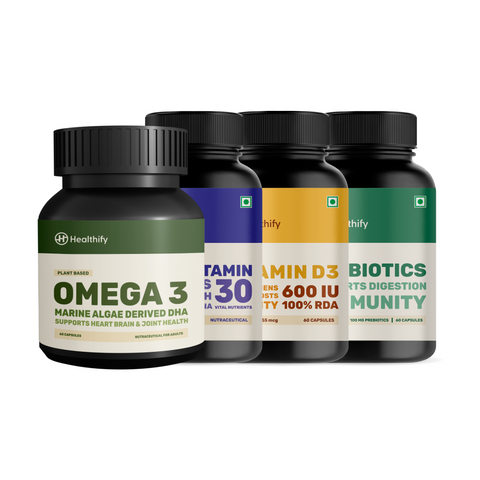 Supplement Starter Kit: Multivitamin + Probiotics + Vitamin D3 + Omega-3  – Complete Support for Immunity, Gut, Bone, & Brain Health