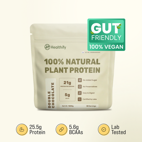 Healthify 100% Natural Vegan Plant Protein Powder, Double Chocolate, Easy to Digest with 21g Plant Based Protein - Gluten Free, Dairy Free, No Added Sugar