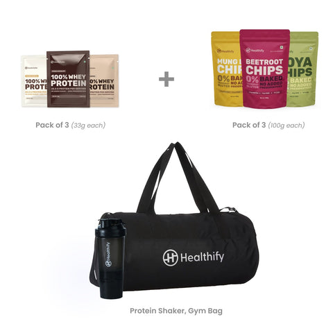 Healthify Starter FitKit - Kit of Gym Bag, Protein Shaker, 3 x Whey Protein Sachets & 3 x Assorted Chips