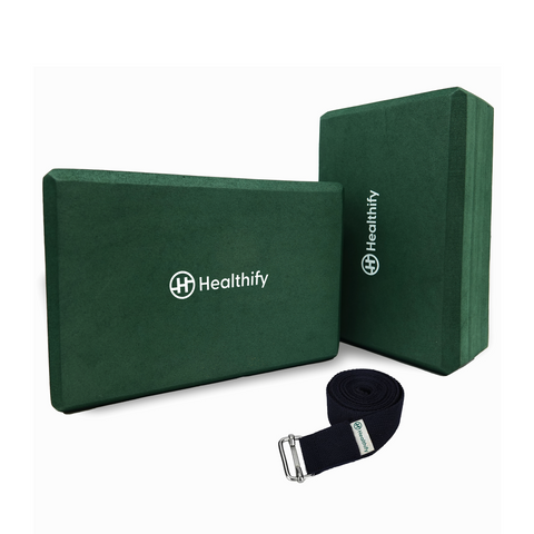 Healthify Yoga Blocks & Belt Set - High-Density Non-Slip EVA Yoga Block, Beginner-Friendly with Beveled Edges, Lightweight, Durable & Easy to Clean