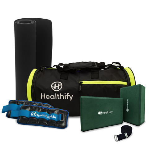 Healthify Yoga Starter Kit - Kit of Premium Yoga Mat, Gym Bag, Yoga Blocks & Belt Set, and Wrist & Ankle Weights